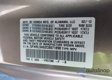 2012 Honda Odyssey Ex-L z USA, uszkodzony, nr VIN 5FNRL5H62CB071890